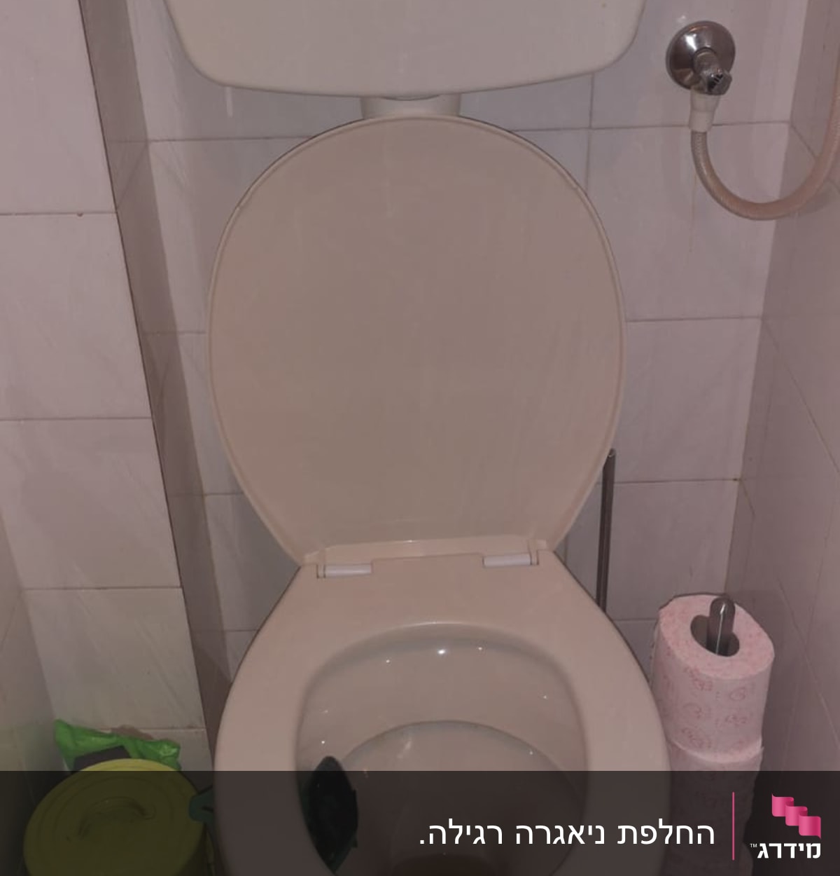 אסלה עם מיכל הדחה, נייר טואלט ופח אשפה